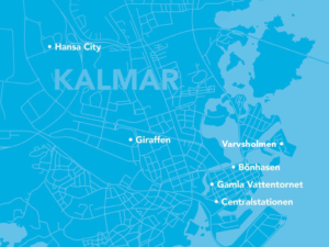 Kartbild med elmackar i Kalmar. Hansa City, Giraffen, Varvsholmen, Bönhasen, Gamla Vattentornet, Centralstationen